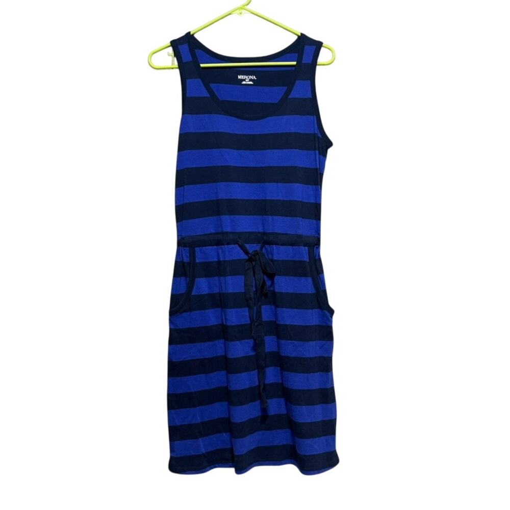 Merona Blue Navy Striped Tank Dress Summer Beach Drawstring Pocket Size Small
